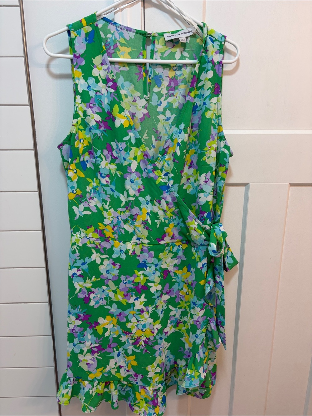 Emma & Michele Green Floral Wrap Mini Dress - Size L